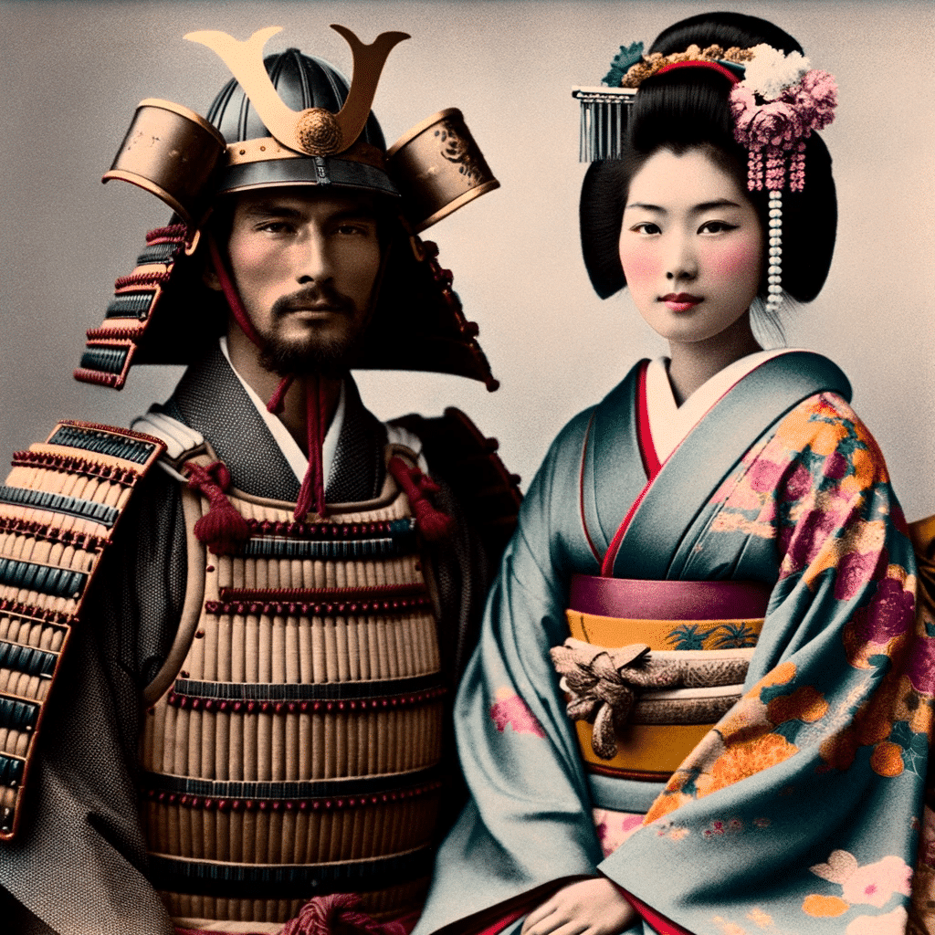 Mand og kvinde i typisk japansk tøjstil fra Kamakura perioden, med manden udklædt i samurai uniform.