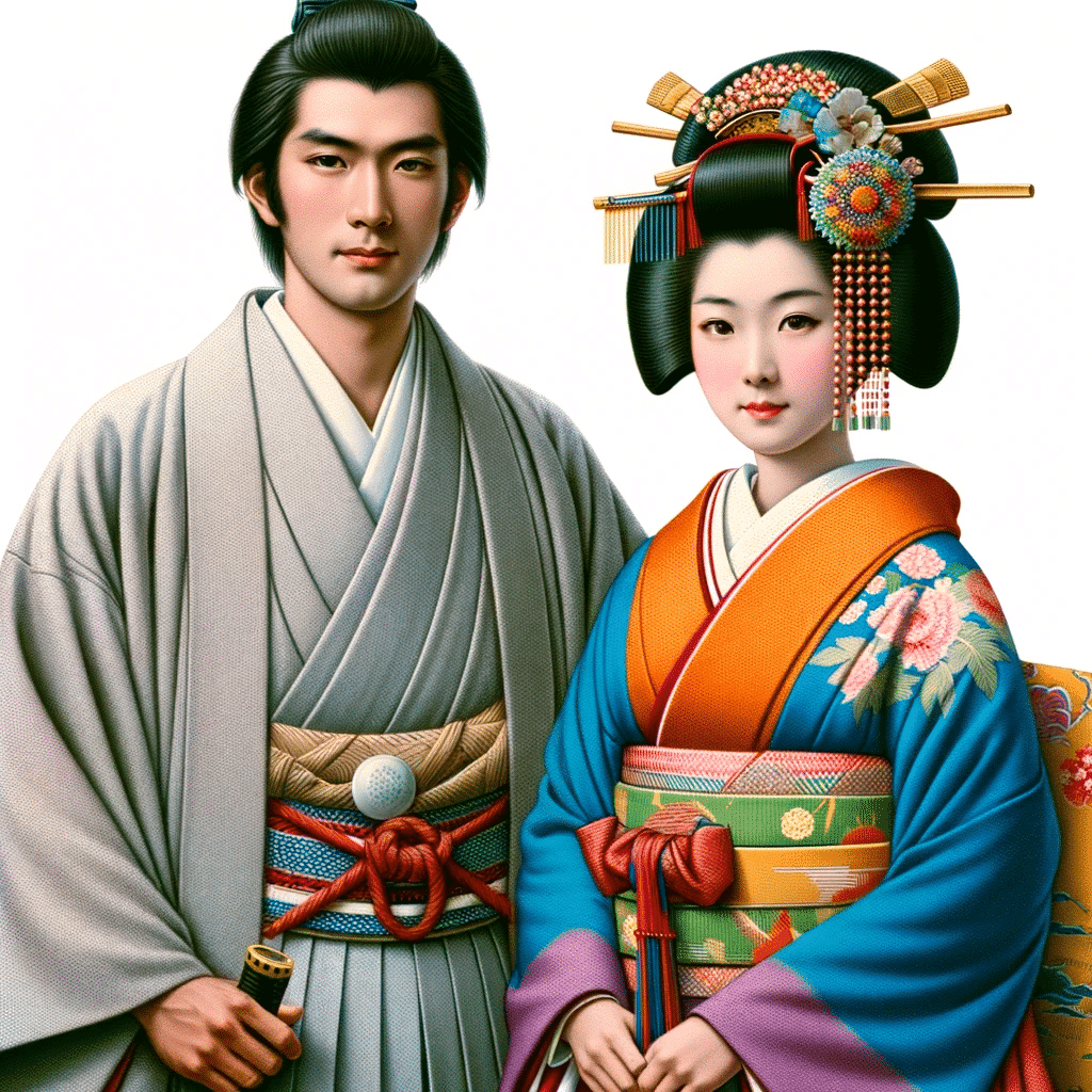 En mand og en kvinde iført japansk tøjstil fra muromachi perioden. Manden iført haori, harembukser, hakama, obi og kvinden i yukata.