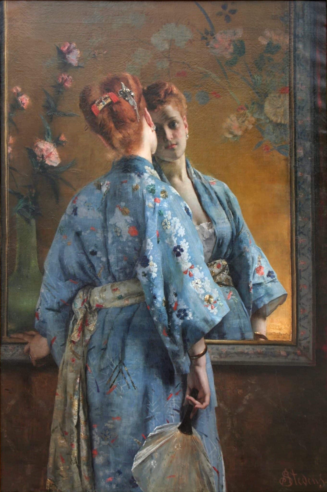Alfred Stevens maleri La Pariseienne Japonaise med en kvinde klædt i japansk tøj