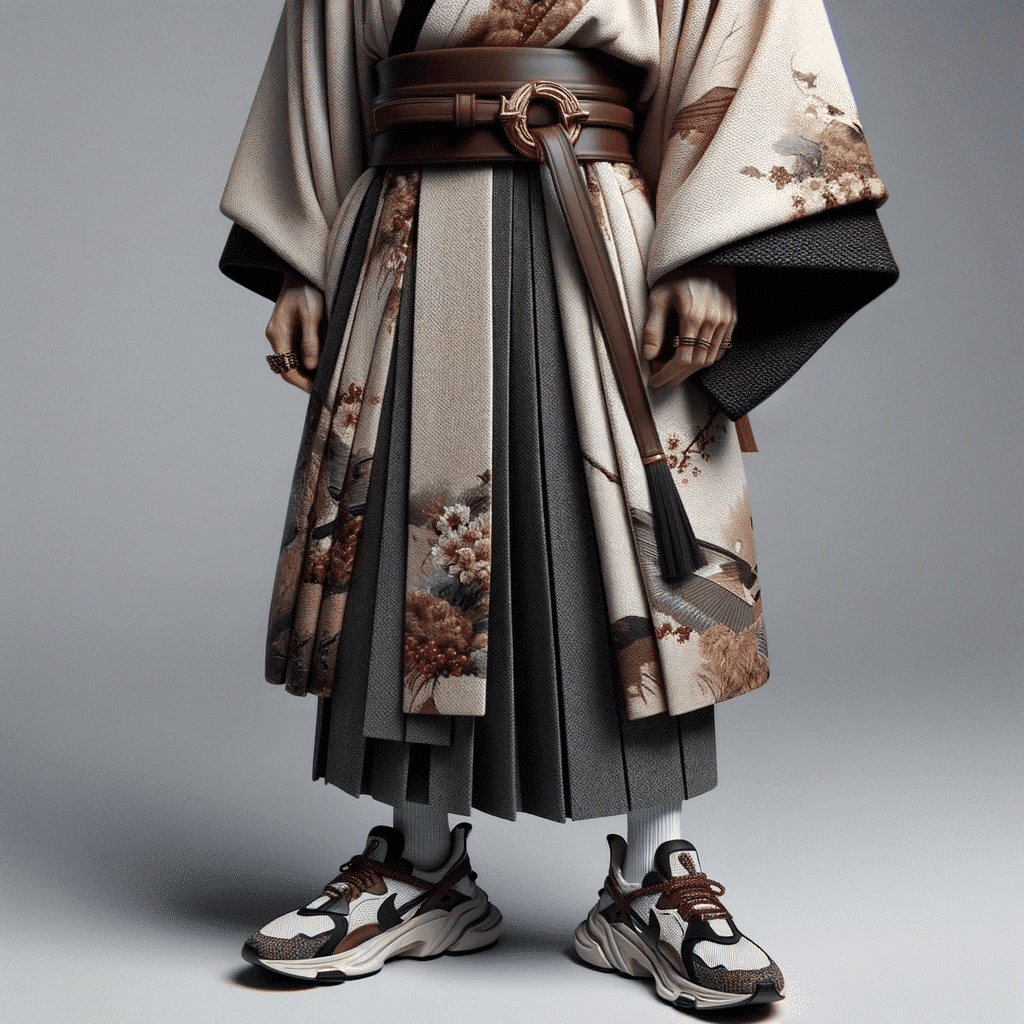 Hyper-realistisk foto af en person i en klassisk kimono med moderne detaljer, såsom et læderbælte og moderne øreringe, suppleret med stilfulde sneakers