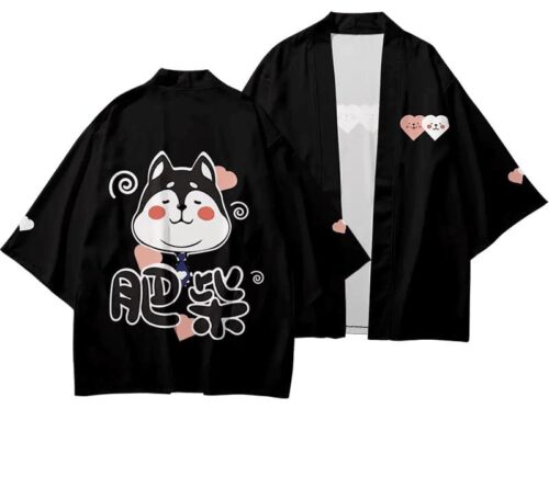 Japansk sort haori med akita eller shiba inu motiv. billedet viser både bagside og front.