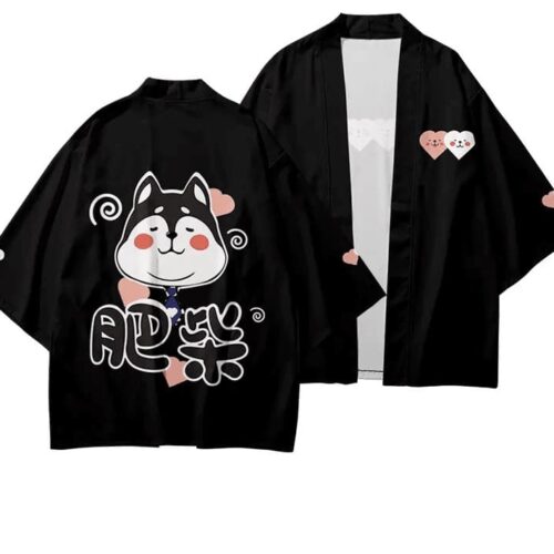 Japansk sort haori med akita eller shiba inu motiv. billedet viser både bagside og front.