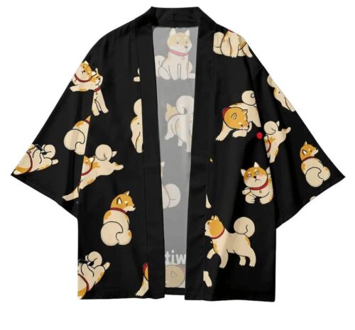 Japansk haori i sort dekoreret med shiba inuer og "shiba with attitude" slogan på bunden af bagsiden. billedet viser åben forside