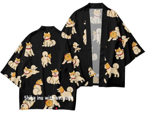 Japansk haori i sort dekoreret med shiba inuer og "shiba with attitude" slogan på bunden af bagsiden. billedet viser både front og bagside.