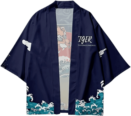 Japansk haori i blå med flot rygmotiv af en asiatisk tiger og solopgang. billedet viser fronten.