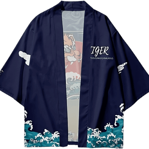 Japansk haori i blå med flot rygmotiv af en asiatisk tiger og solopgang. billedet viser fronten.