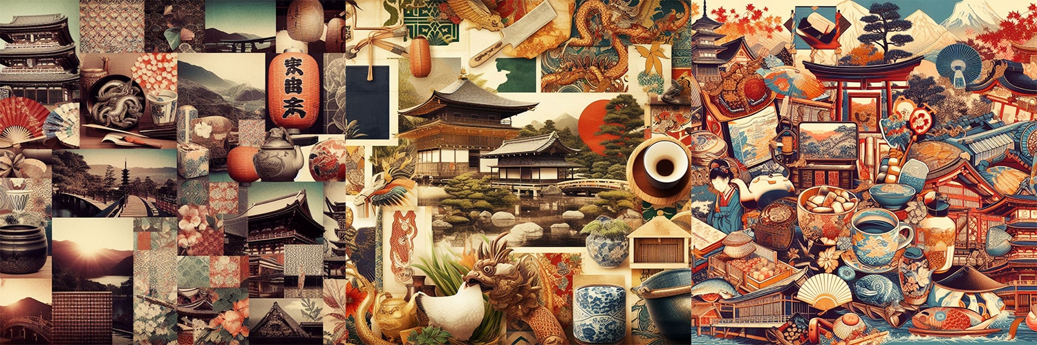 kollage af typisk japanske kulturelle ting og steder.