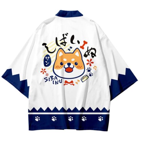 Japansk hvid haori med kawaii shiba inu motiv - blå kanter og ærmer. billedet viser bagsiden.