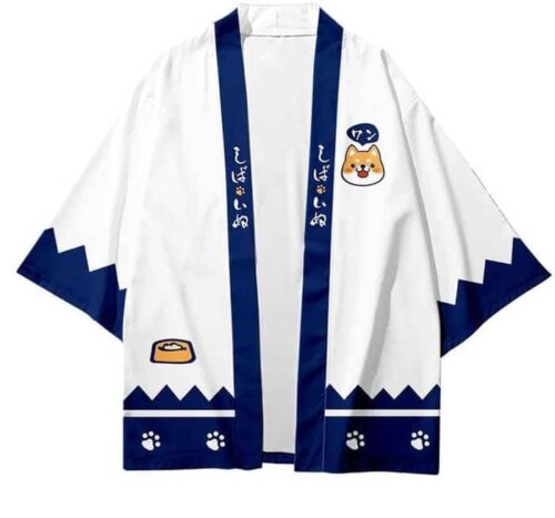 Japansk hvid haori med kawaii shiba inu motiv - blå kanter og ærmer. billedet viser åben front.