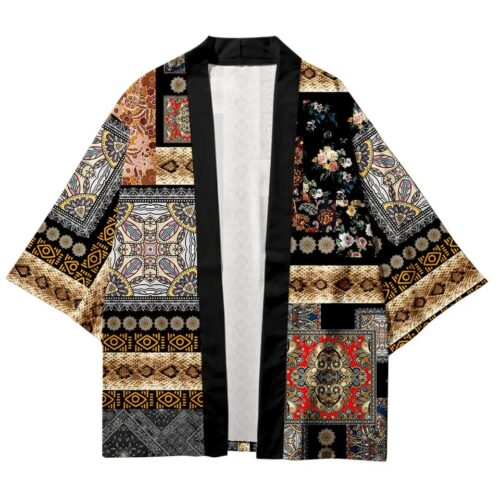 japansk haori i retro gul/brune farver. billedet viser forsiden med åben front.