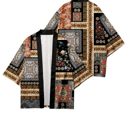 japansk haori i retro gul/brune farver. billedet viser for og bagside.