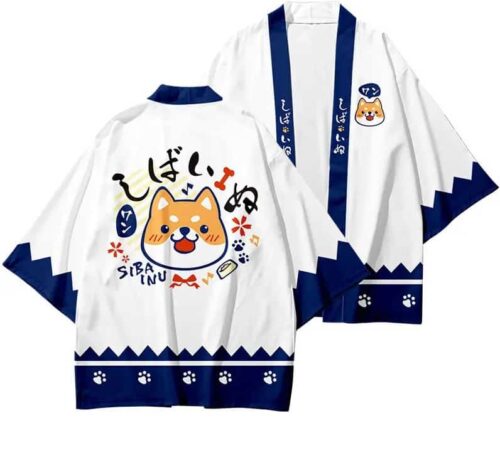 Japansk hvid haori med kawaii shiba inu motiv - blå kanter og ærmer. billedet viser både for- og bagside.