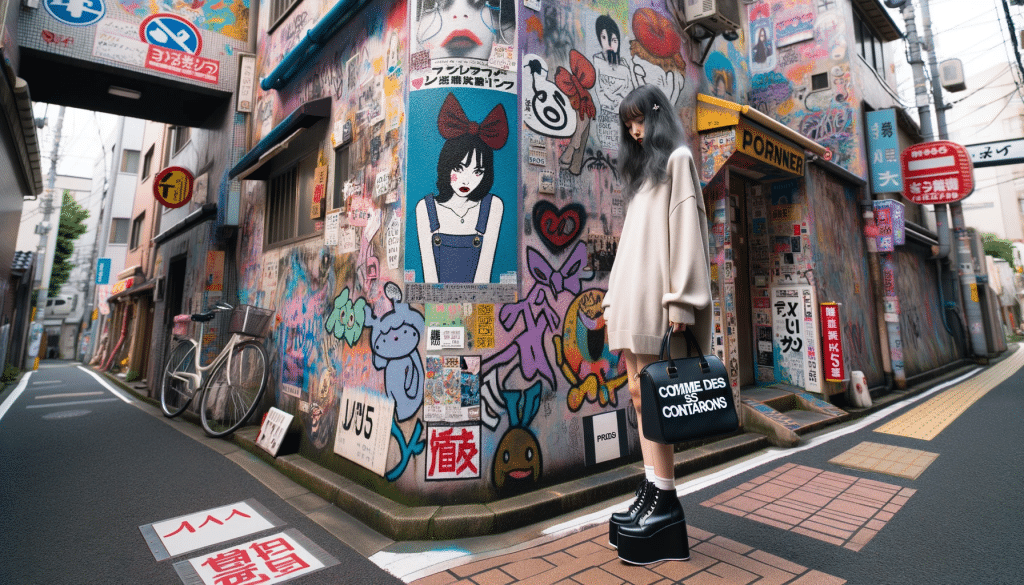 Kvinde iført typisk Comme Des Garcons inspireret streetwear.