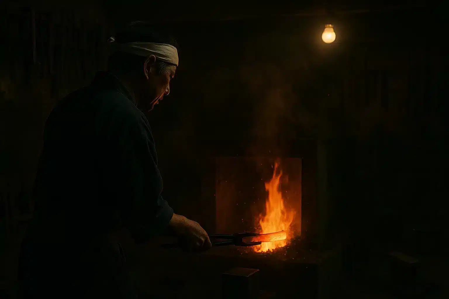 En traditionel japansk smed arbejder ved en glødende ovn med brændende stål, set fra siden i dæmpet ildlys.