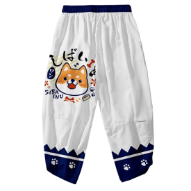 Harembukser eller haoribukser i hvid og blå, med shiba inu motiv på højre ben.